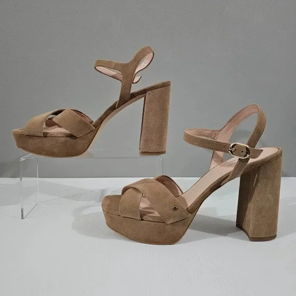 Kate Spade Delphi Platform Sandal Womens 10 Tan Suede Ankle Strap Block Heel - Picture 2 of 12
